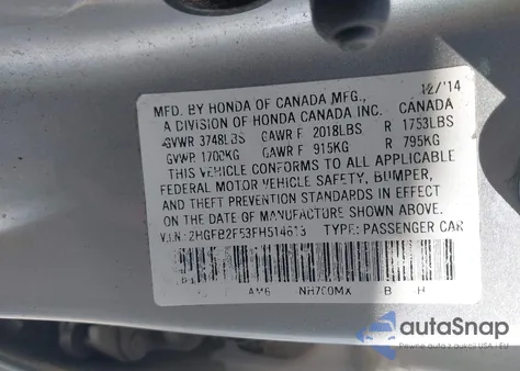 2015 Honda Civic Lx из США, поврежденный, VIN 2HGFB2F53FH514613